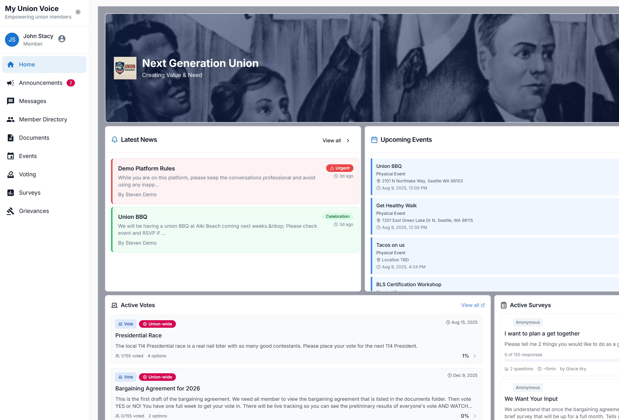 All-in-one union software platform dashboard showing integrated digital voting, member surveys, event management, communication tools and comprehensive analytics replacing fragmented union systems for modern labor organizations